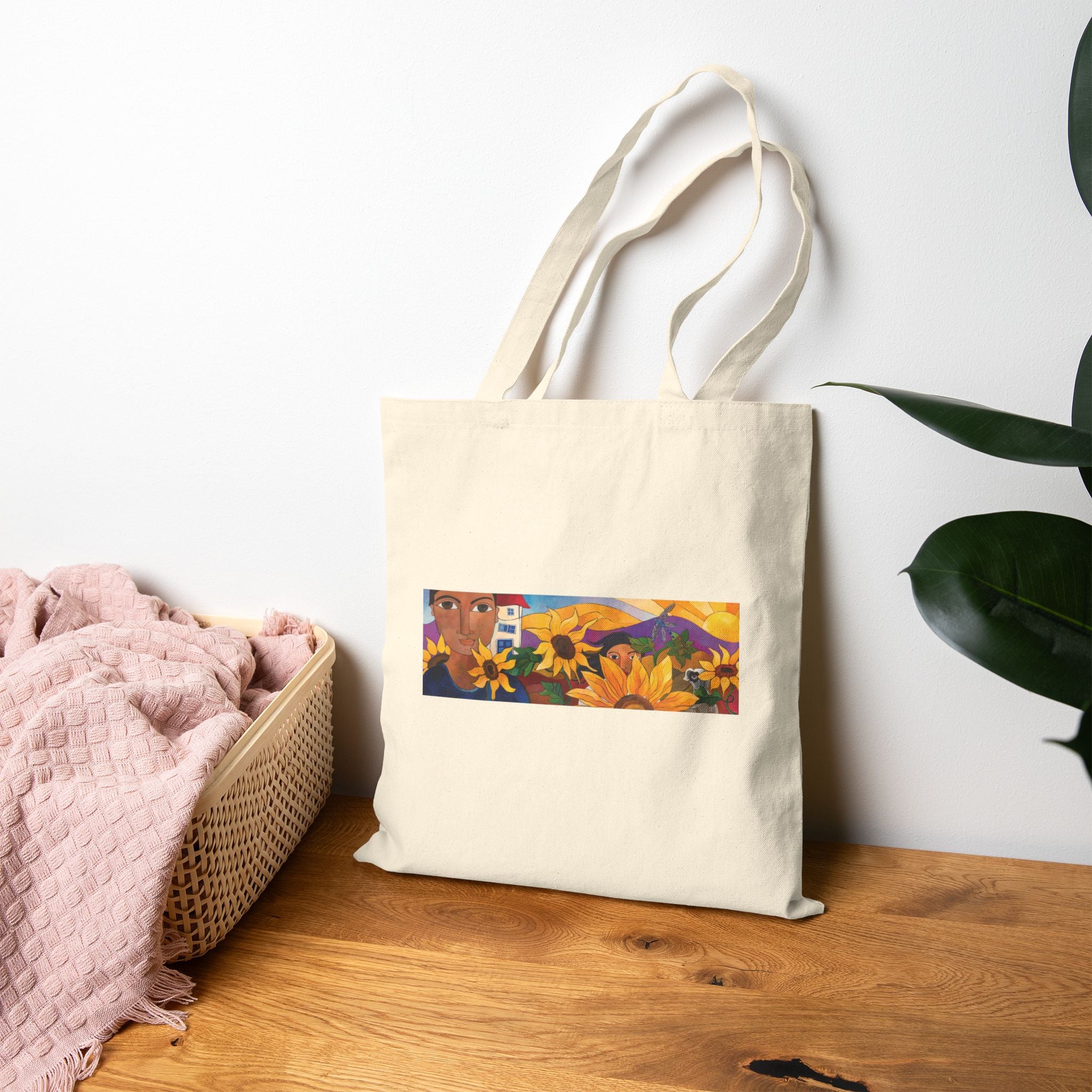 Sunflowers and Houses Tote Bag