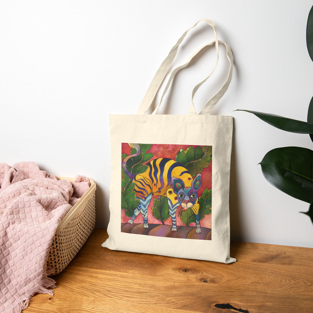 Yellow Blue Cat in Leaves Tote Bag