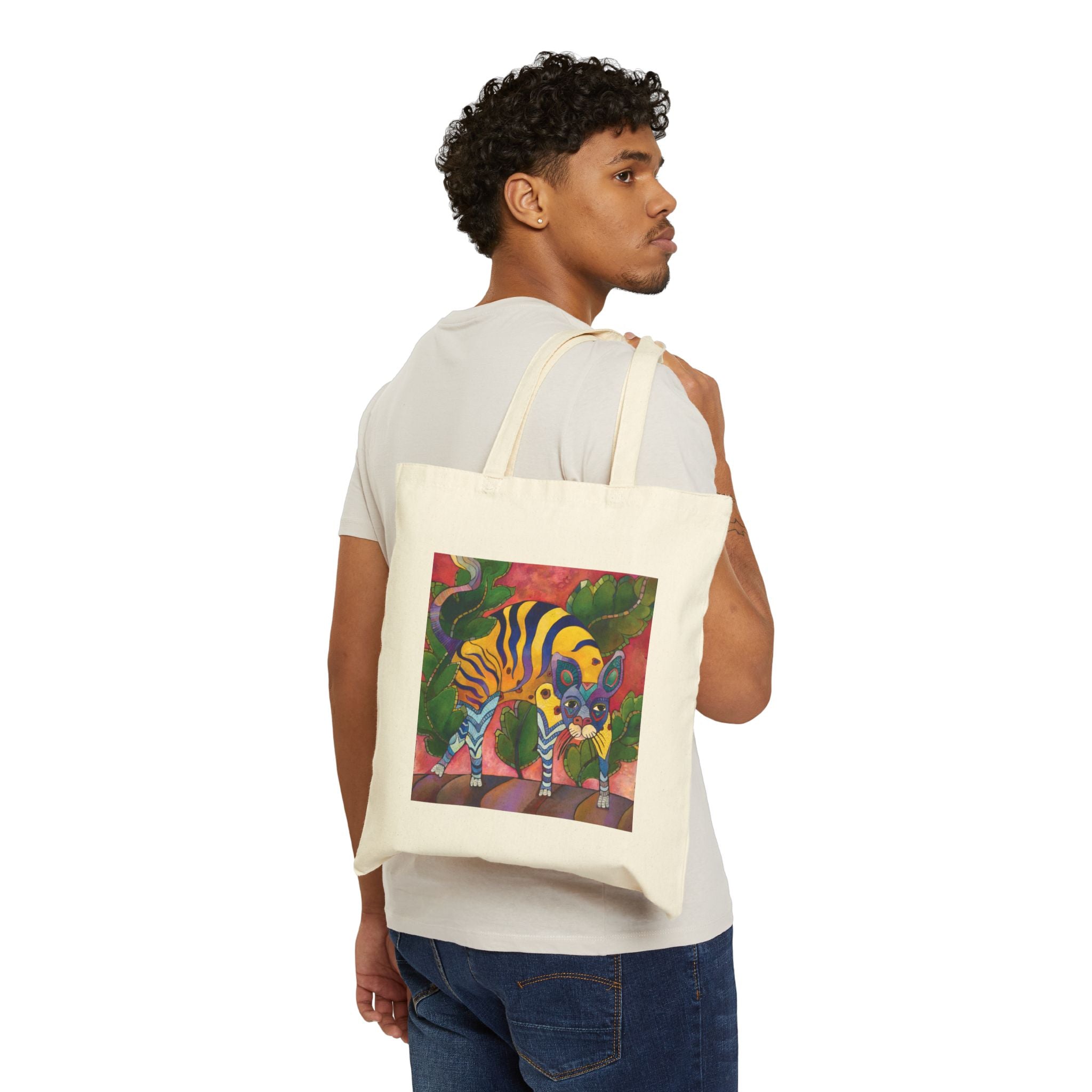 Yellow Blue Cat in Leaves Tote Bag